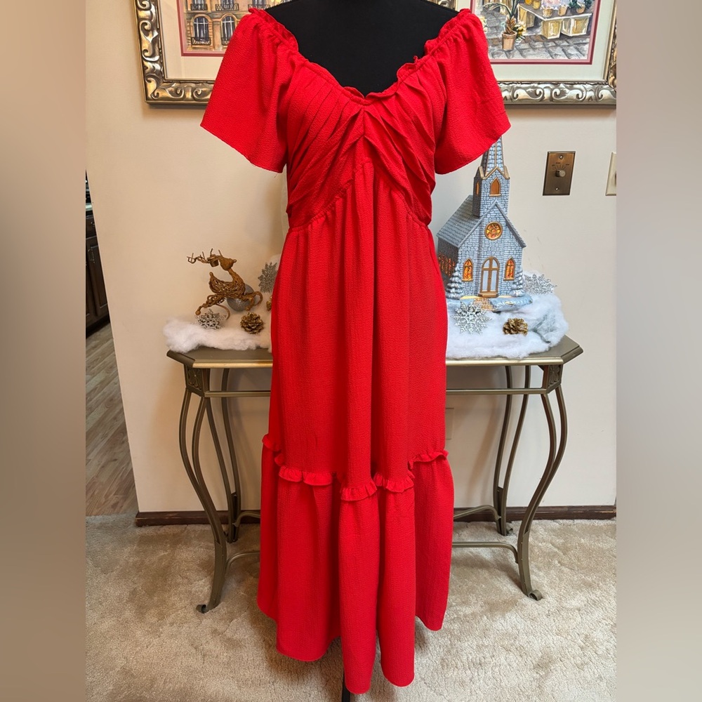 Sofia by Sofia Vergara Vibrant Red Maxi Dress On Off Shoulder Ruffle Trim Size L - Picture 2 of 11